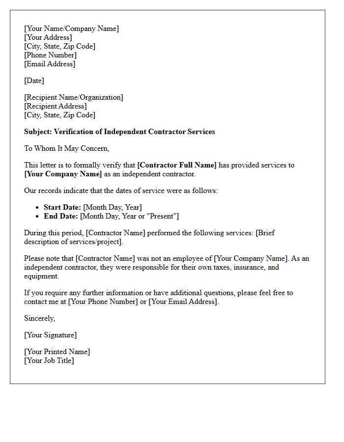 Independent Contractor Dates Of Service Verification Letter