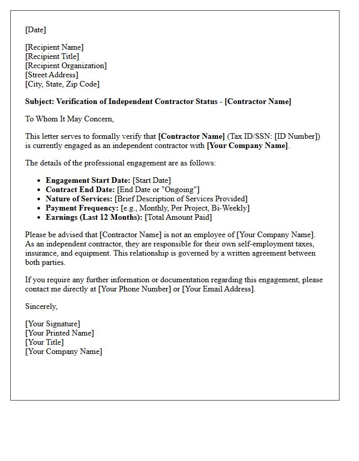 Third-Party Independent Contractor Verification Letter