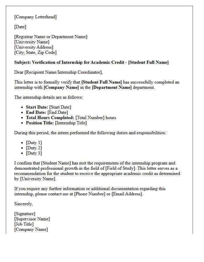 Academic Credit Internship Verification Letter