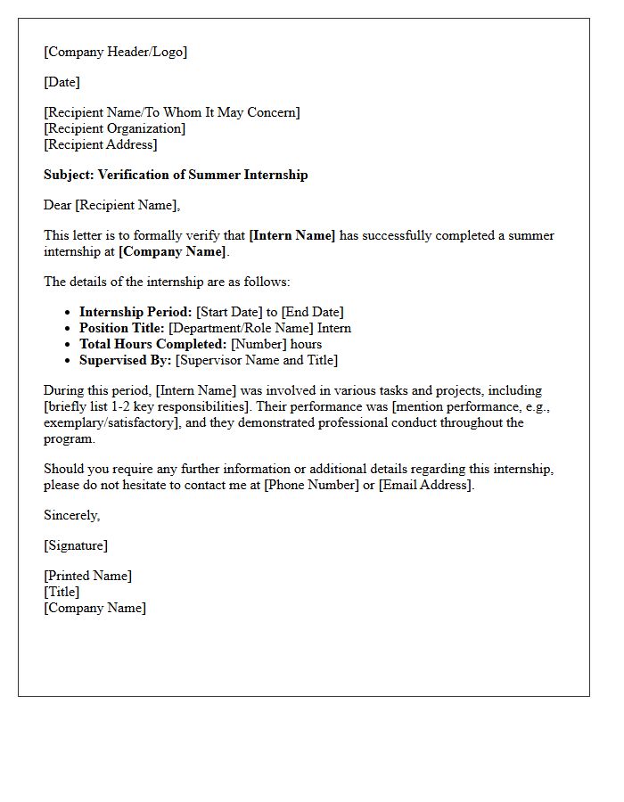 Summer Internship Program Verification Letter