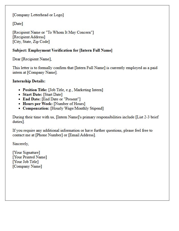 Paid Internship Employment Verification Letter