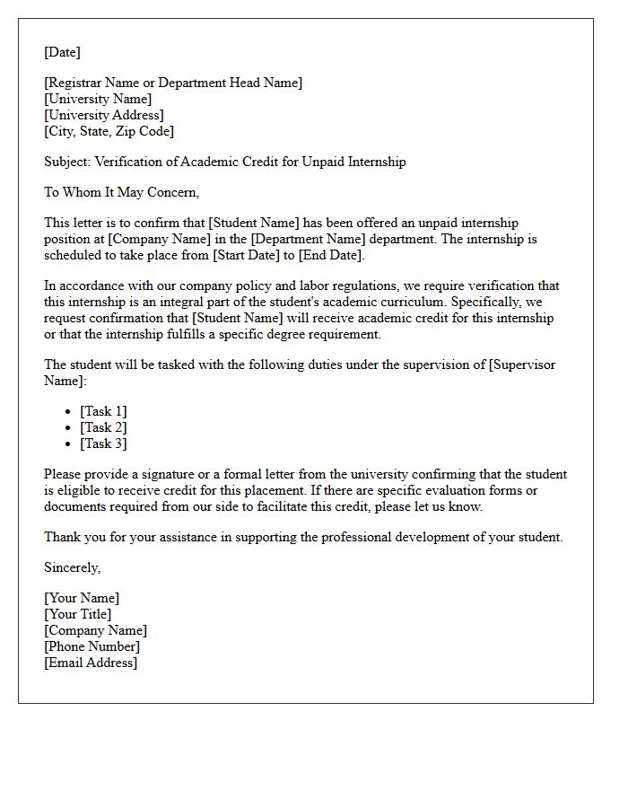 Unpaid Internship Academic Verification Letter