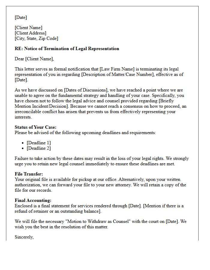 Refusal to Follow Counsel Advice Disengagement Letter