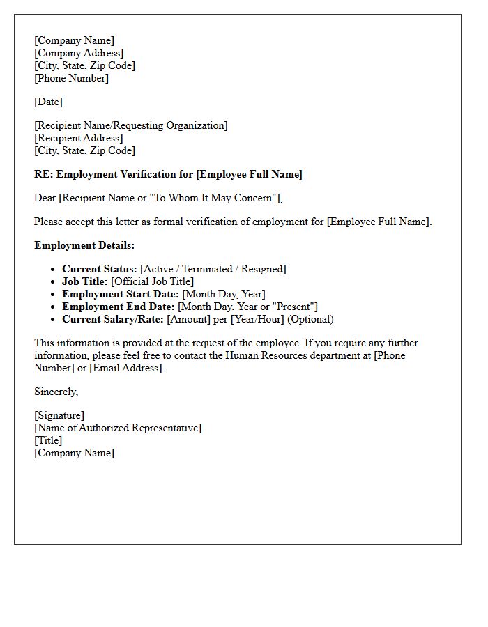 Standard Employment Verification Response Letter
