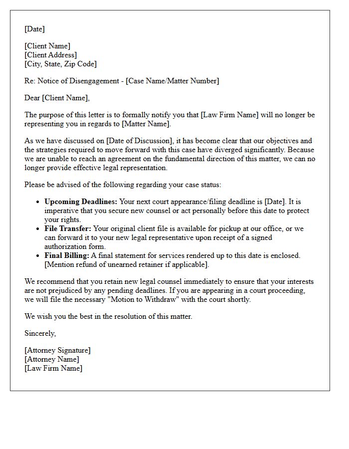 Diverging Legal Objectives Client Disengagement Letter