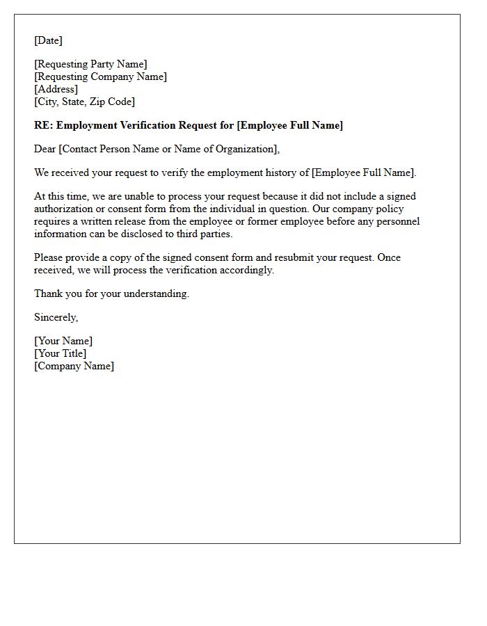 Missing Consent Employment Verification Decline Letter
