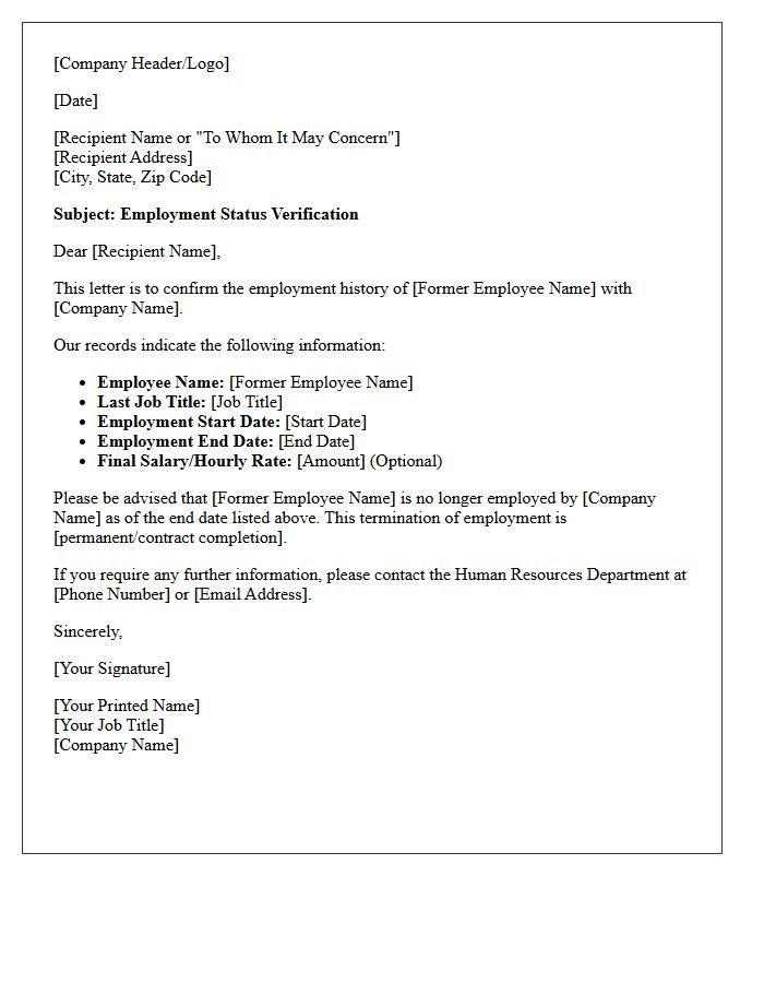 Terminated Employee Status Verification Letter