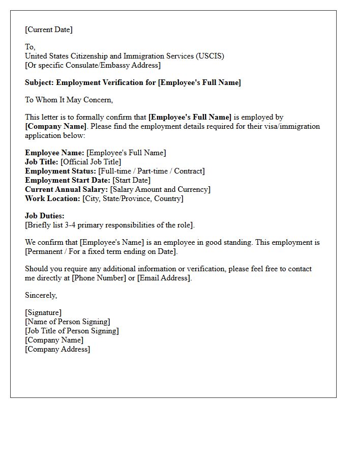 Immigration And Visa Employment Verification Letter