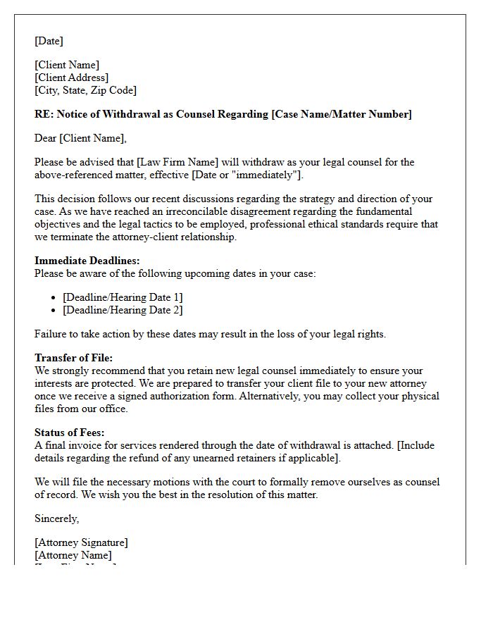 Case Strategy Dispute Counsel Withdrawal Letter