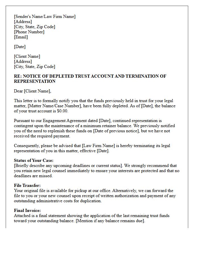 Notice of Depleted Trust Account and Disengagement Letter