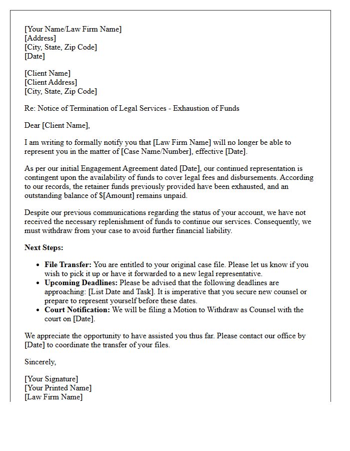 Termination of Legal Services Due to Exhausted Funds Letter