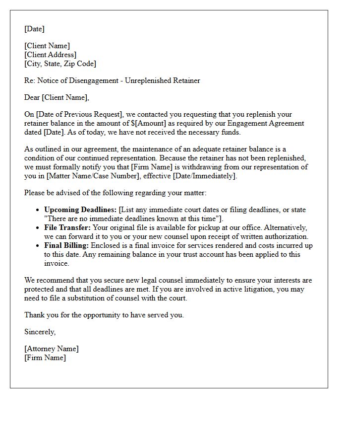 Unreplenished Retainer Balance Disengagement Letter