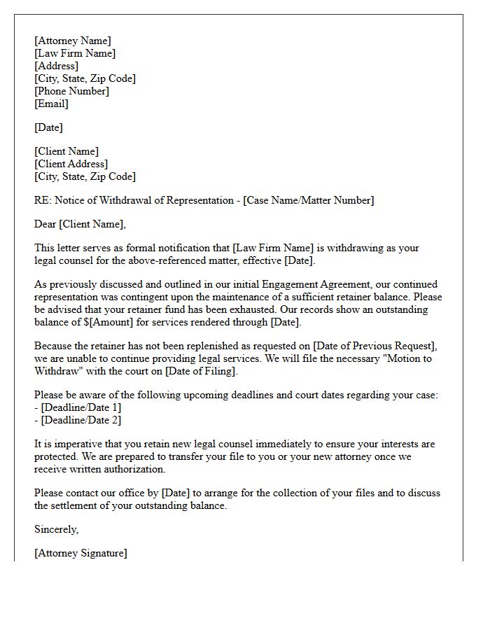Notice of Withdrawal and Retainer Exhaustion Letter