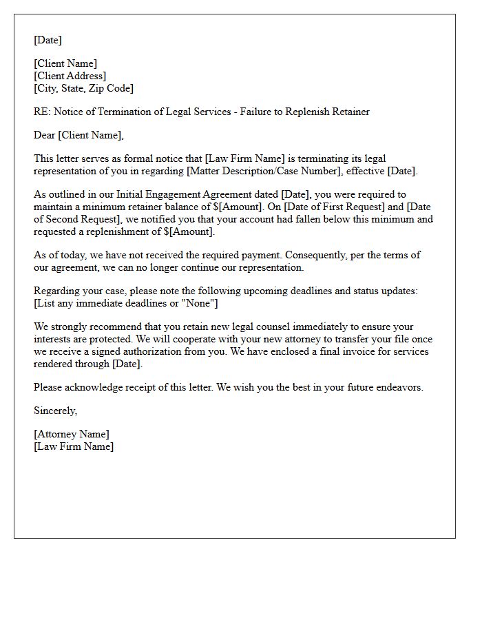 Failure to Replenish Retainer Disengagement Letter