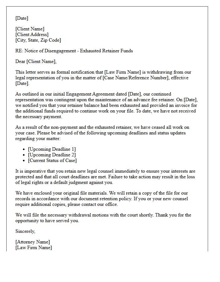 Exhausted Advance Fee Retainer Disengagement Letter
