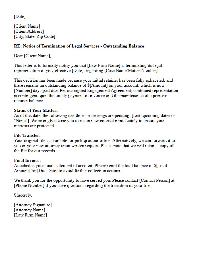 Outstanding Balance and Exhausted Retainer Termination Letter