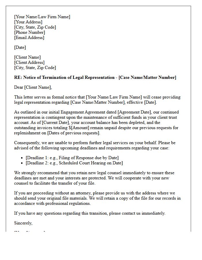Notice of Representation Cessation Due to Depleted Funds Letter