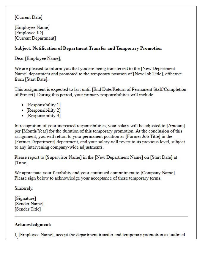 Department Transfer and Temporary Promotion Letter