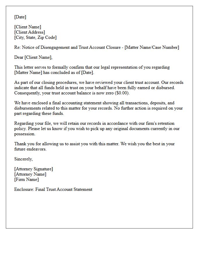Zero Balance Trust Account Disengagement Letter
