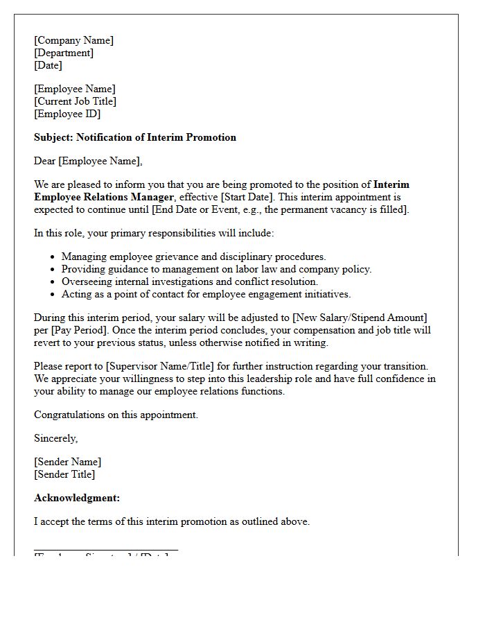 Interim Employee Relations Manager Promotion Letter