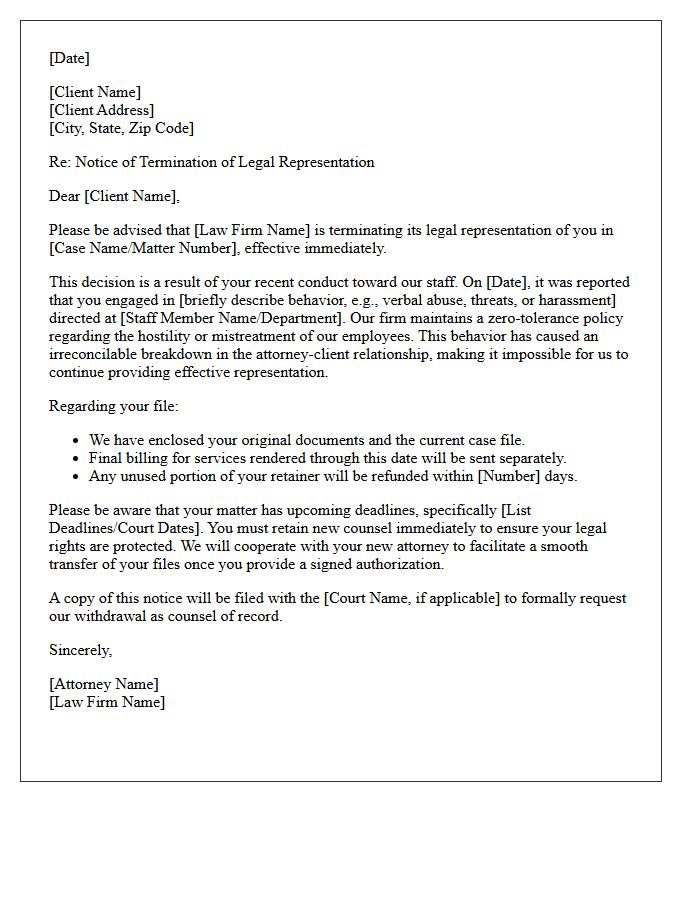 Disengagement Letter Due To Client Hostility Toward Law Firm Staff