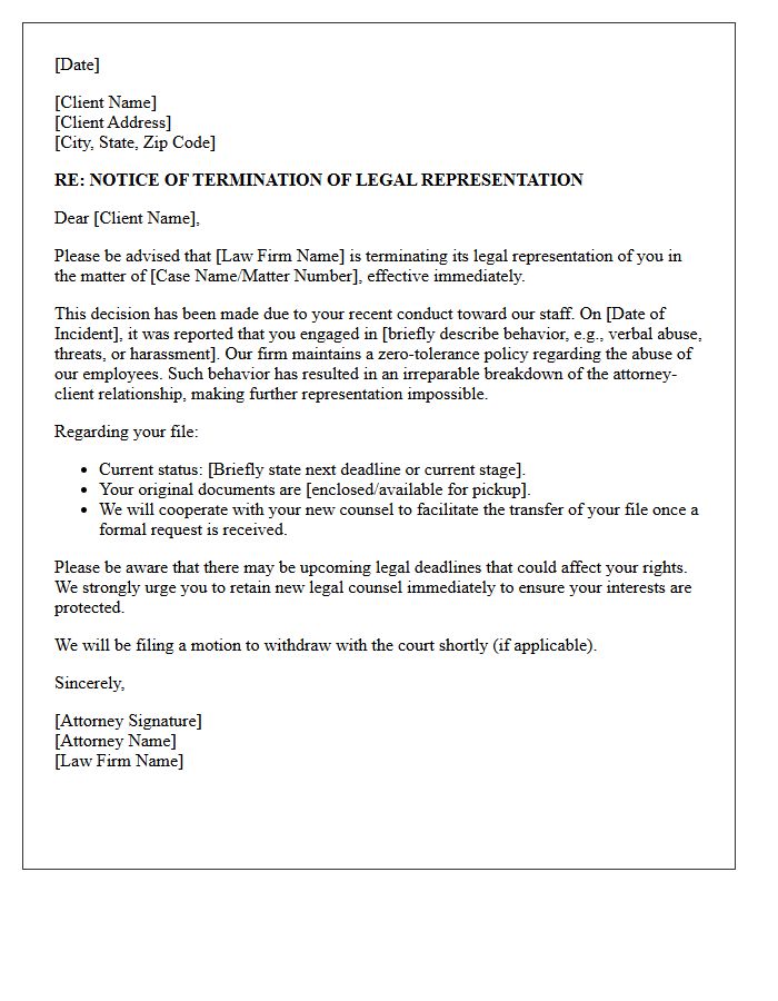 Notice Of Representation Termination Letter Regarding Staff Abuse