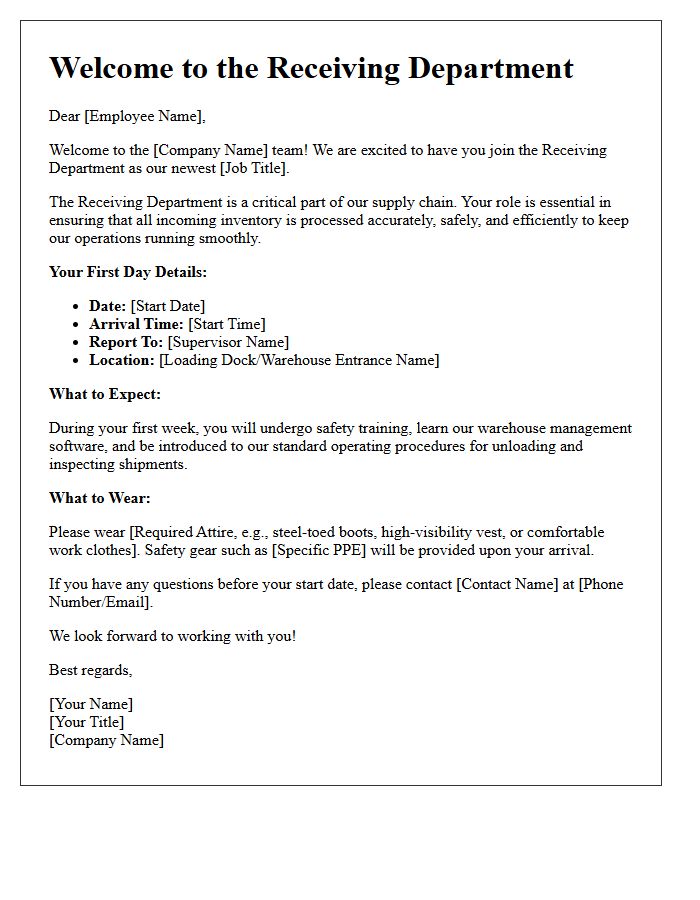 Receiving Department Welcome Letter