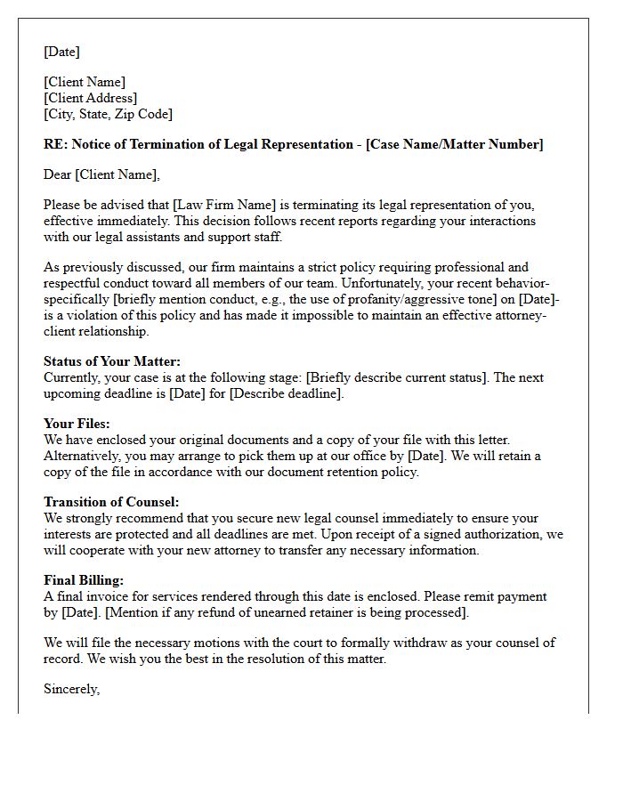 Client Disengagement Letter Citing Unprofessional Conduct Toward Legal Assistants