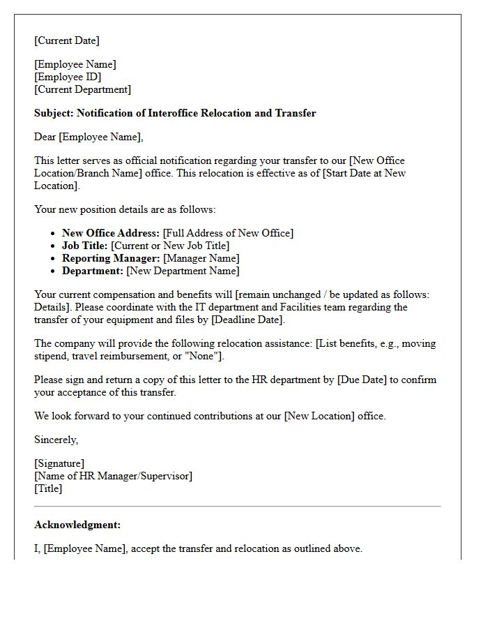 Interoffice Relocation Transfer Letter