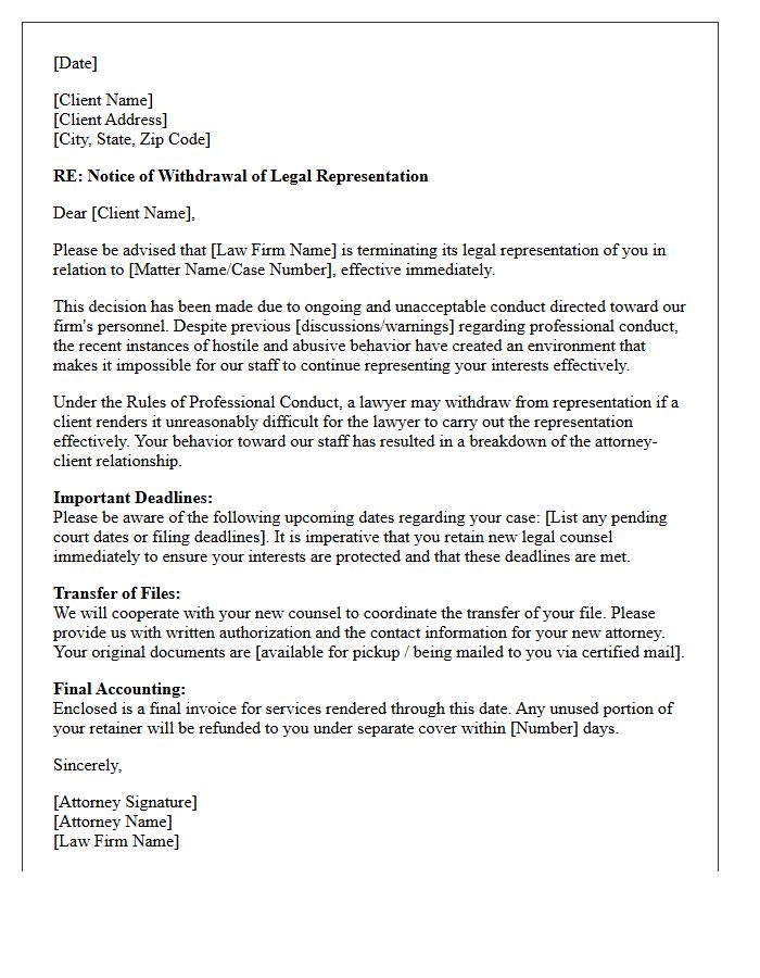 Withdrawal Of Legal Services Letter Addressing Hostility Toward Firm Personnel