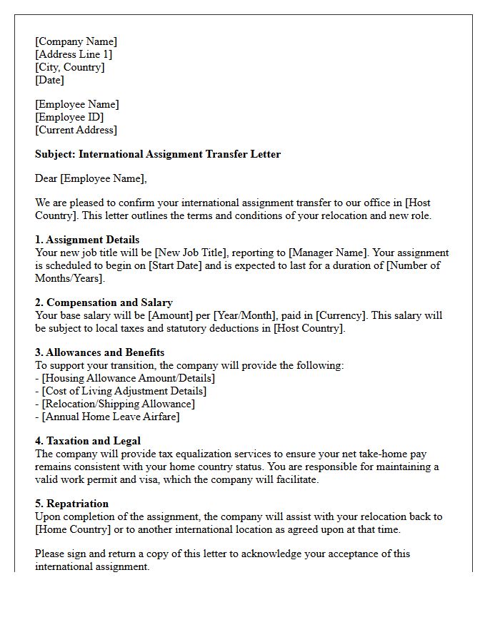 International Assignment Transfer Letter