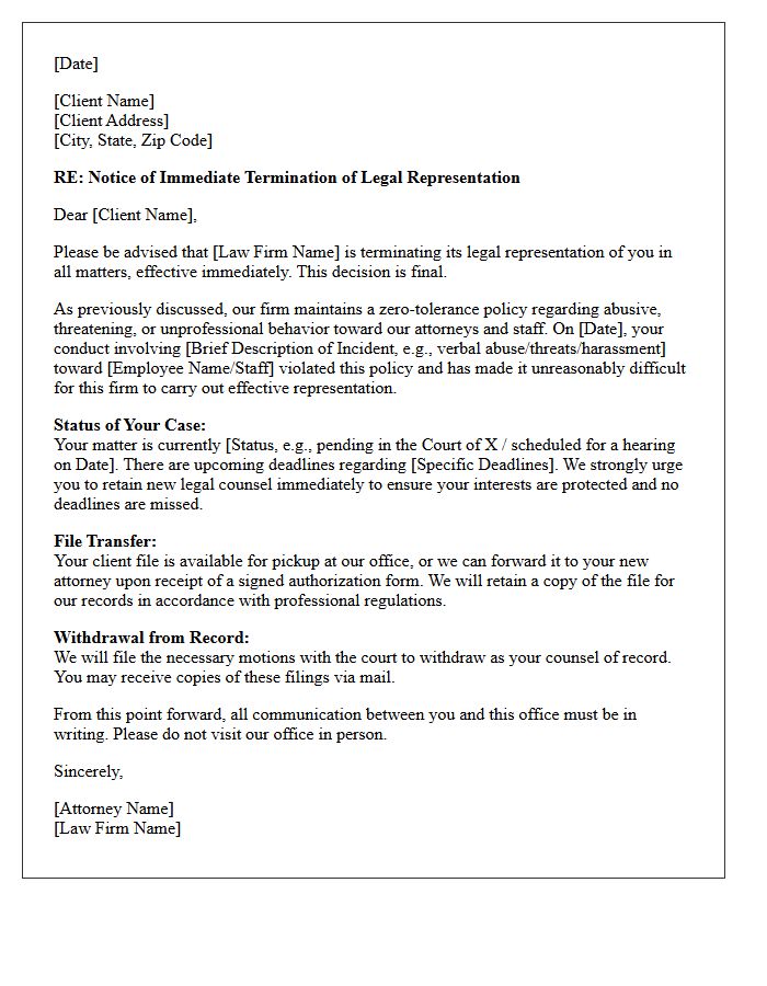 Immediate Disengagement Letter For Abusive Behavior Toward Law Firm Employees