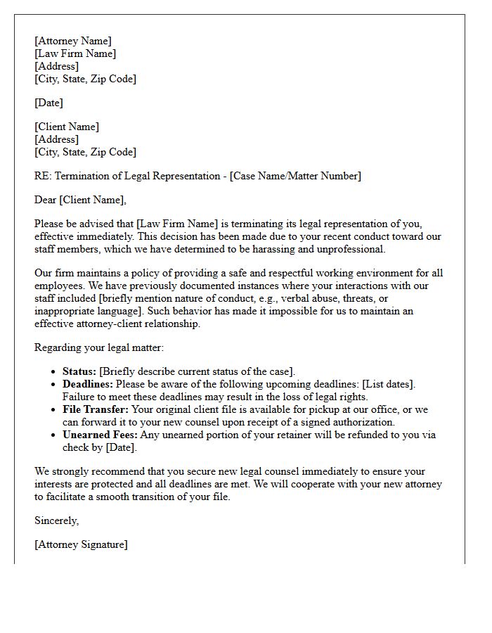 Termination Of Attorney-Client Relationship Letter Due To Staff Harassment