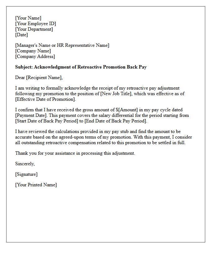 Retroactive Promotion Back Pay Acknowledgment Letter