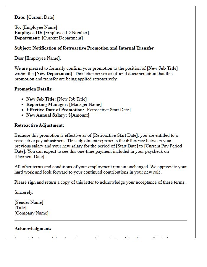 Internal Transfer Retroactive Promotion Letter