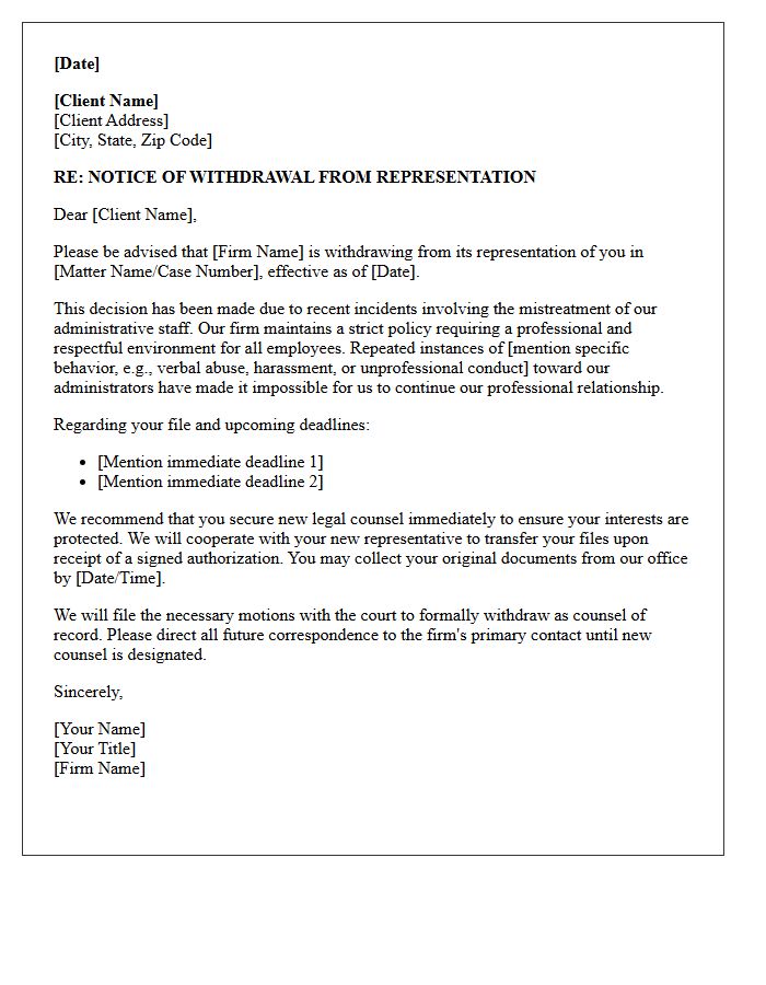 Notice Of Withdrawal Letter For Client Mistreatment Of Firm Administrators