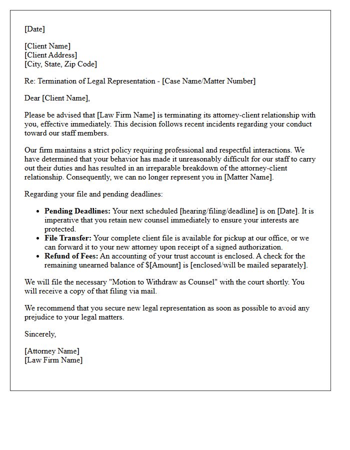 Attorney Disengagement Letter Addressing Inappropriate Conduct Toward Staff