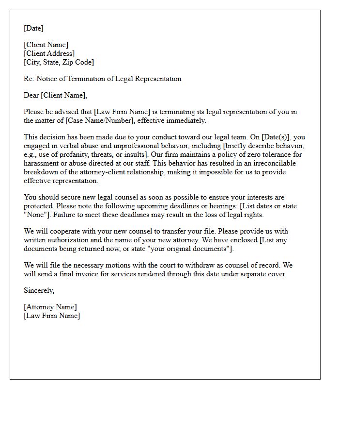 End Of Representation Letter Citing Verbal Abuse Toward The Legal Team