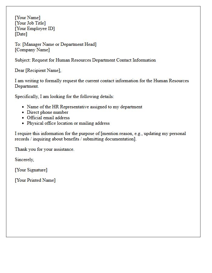 Human Resources Department Contact Information
