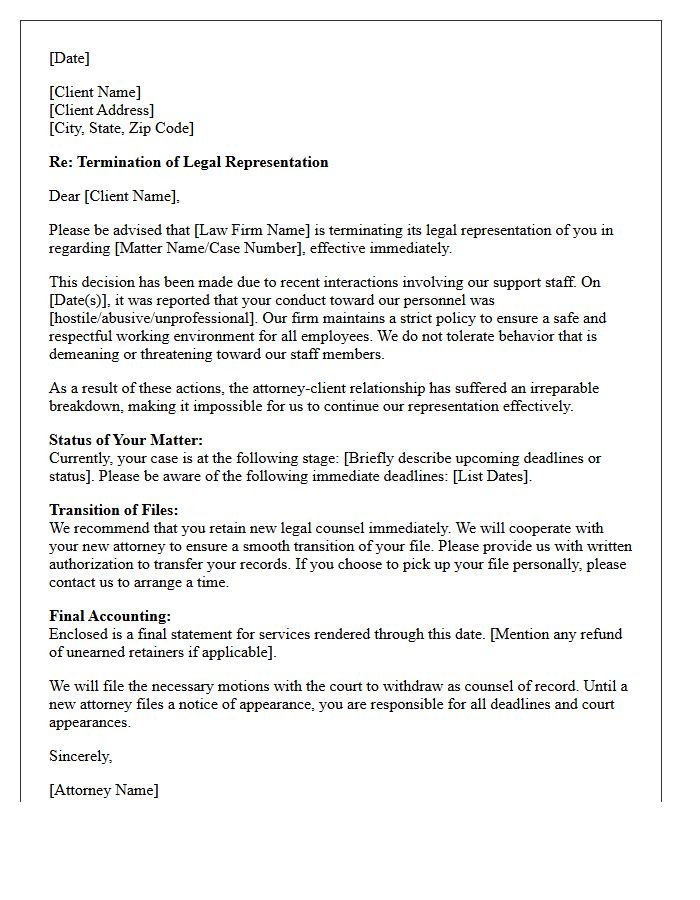 Law Firm Disengagement Letter Regarding Hostile Interactions With Support Staff