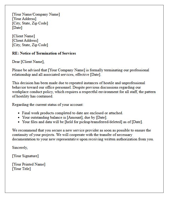 Client Termination Letter For Repeated Hostility Toward Office Personnel