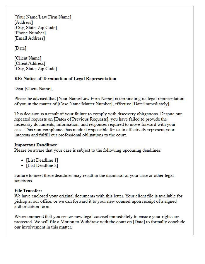 Termination of Representation Due to Discovery Non-Compliance Letter