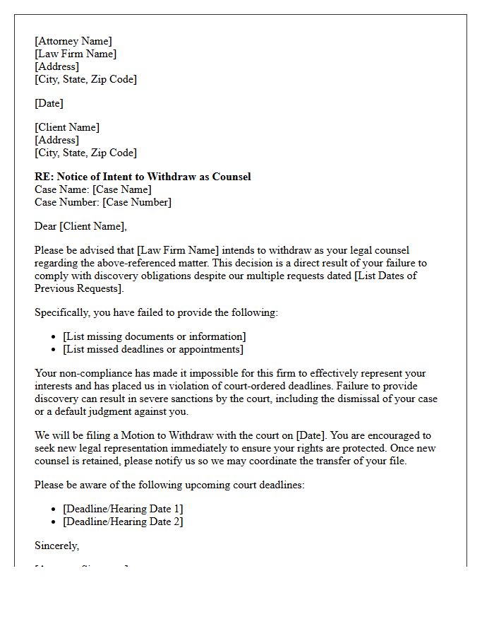 Withdrawal of Counsel for Discovery Non-Compliance Letter