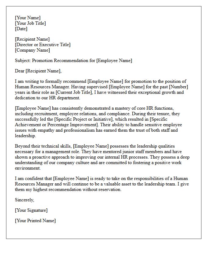 Human Resources Manager Promotion Recommendation Letter