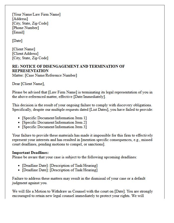 Attorney Disengagement and Discovery Non-Compliance Letter