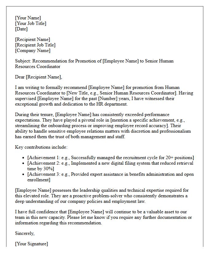 Human Resources Coordinator Promotion Recommendation Letter