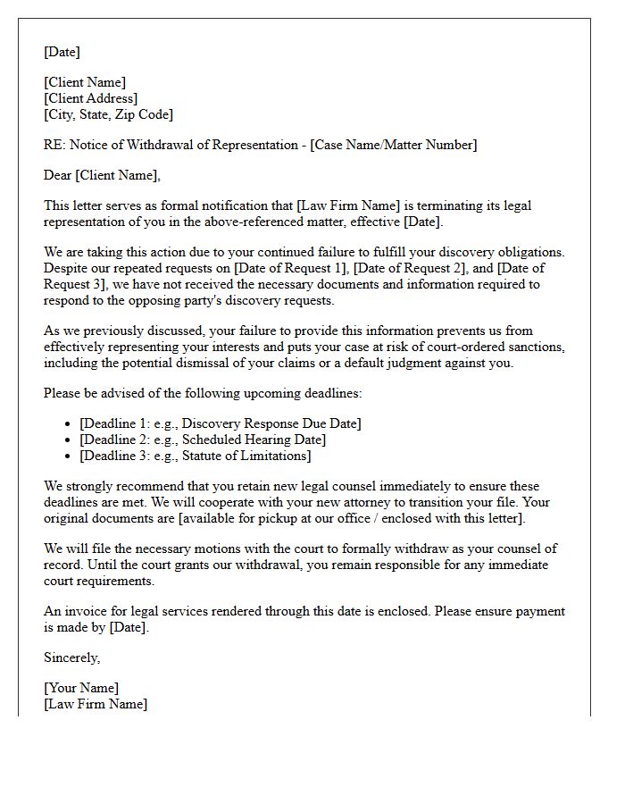 Client Disengagement Letter for Failure to Fulfill Discovery Obligations