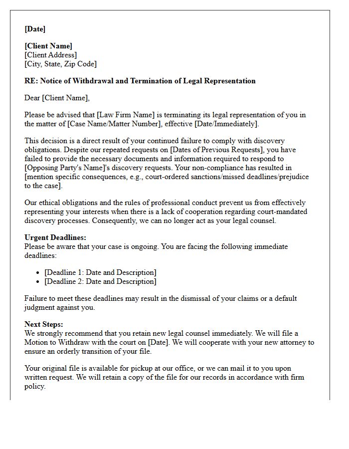 Law Firm Disengagement Letter Due to Discovery Non-Compliance