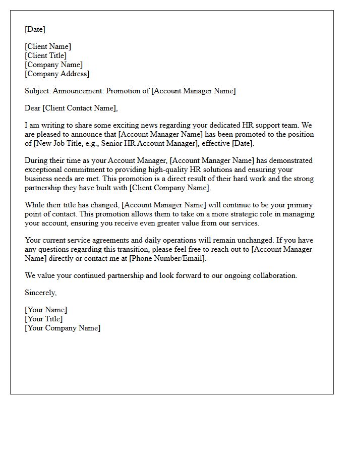 Client Notification Letter Regarding HR Account Manager Promotion