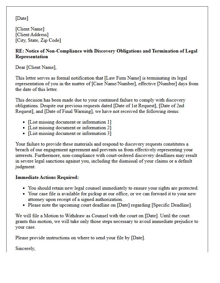 Discovery Non-Compliance and Termination of Services Letter